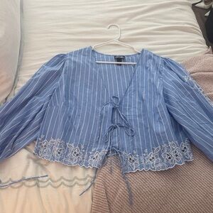 Blue Striped Women's Top with Floral Embroidery